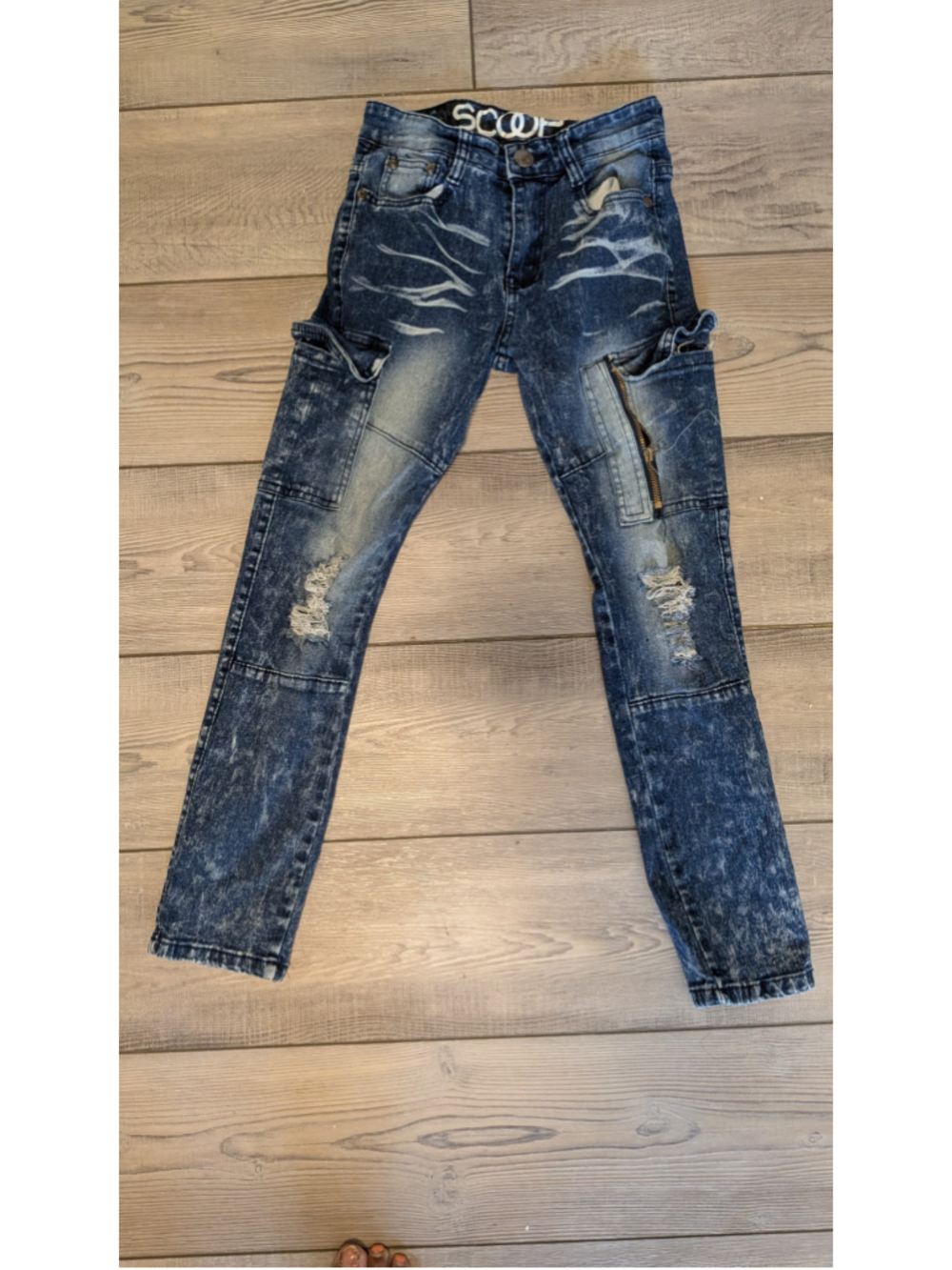 Scoop Boys Distressed Cargo Moto Jeans Utility Zipper Blue Denim Size 8